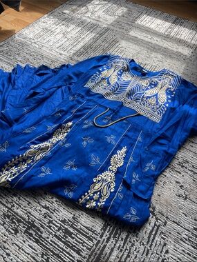 Embroidered Royal Blue Ethnic Dress with Gold Accents